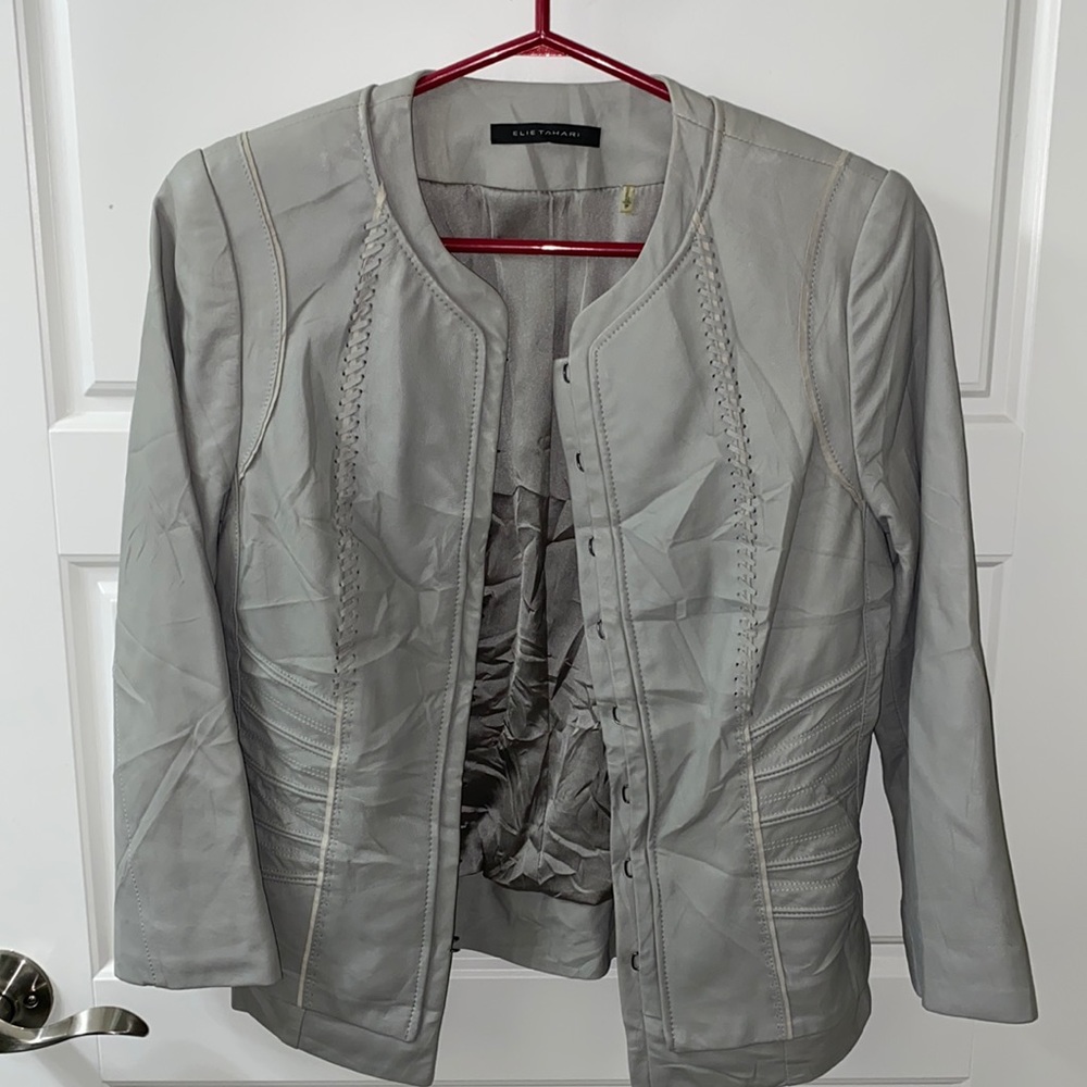 Elie Tahari Lamb Leather Bomber style moto jacket Grey size XS buttery s…
